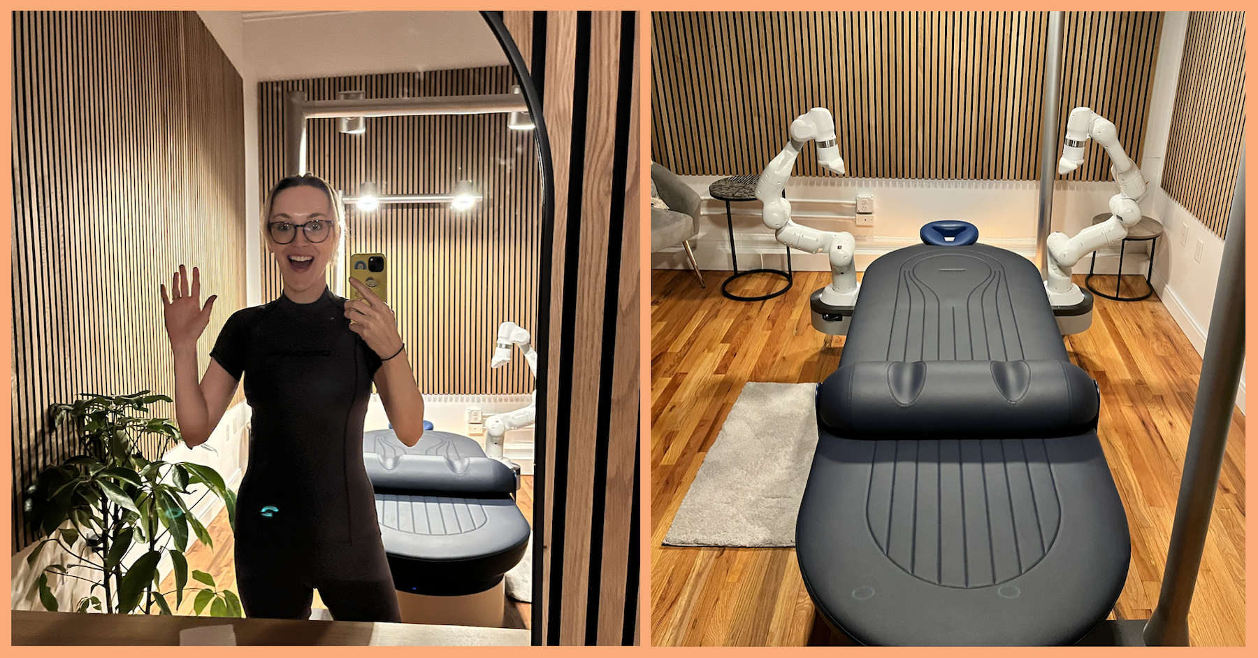 two photos: one of a woman in tight workout clothes and a massage table with white robot arms