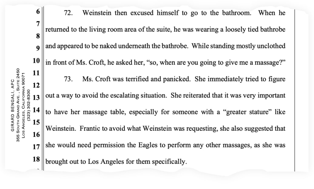 A snippet from Kelly Croft’s lawsuit against James Dolan and Harvey Weinstein.